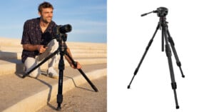 A man smiles while adjusting a camera on a tripod outdoors, next to a separate image of the same black camera tripod fully extended on a white background.